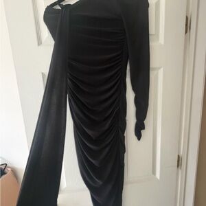 Black Long-Sleeve Ruched One-Shoulder Dress